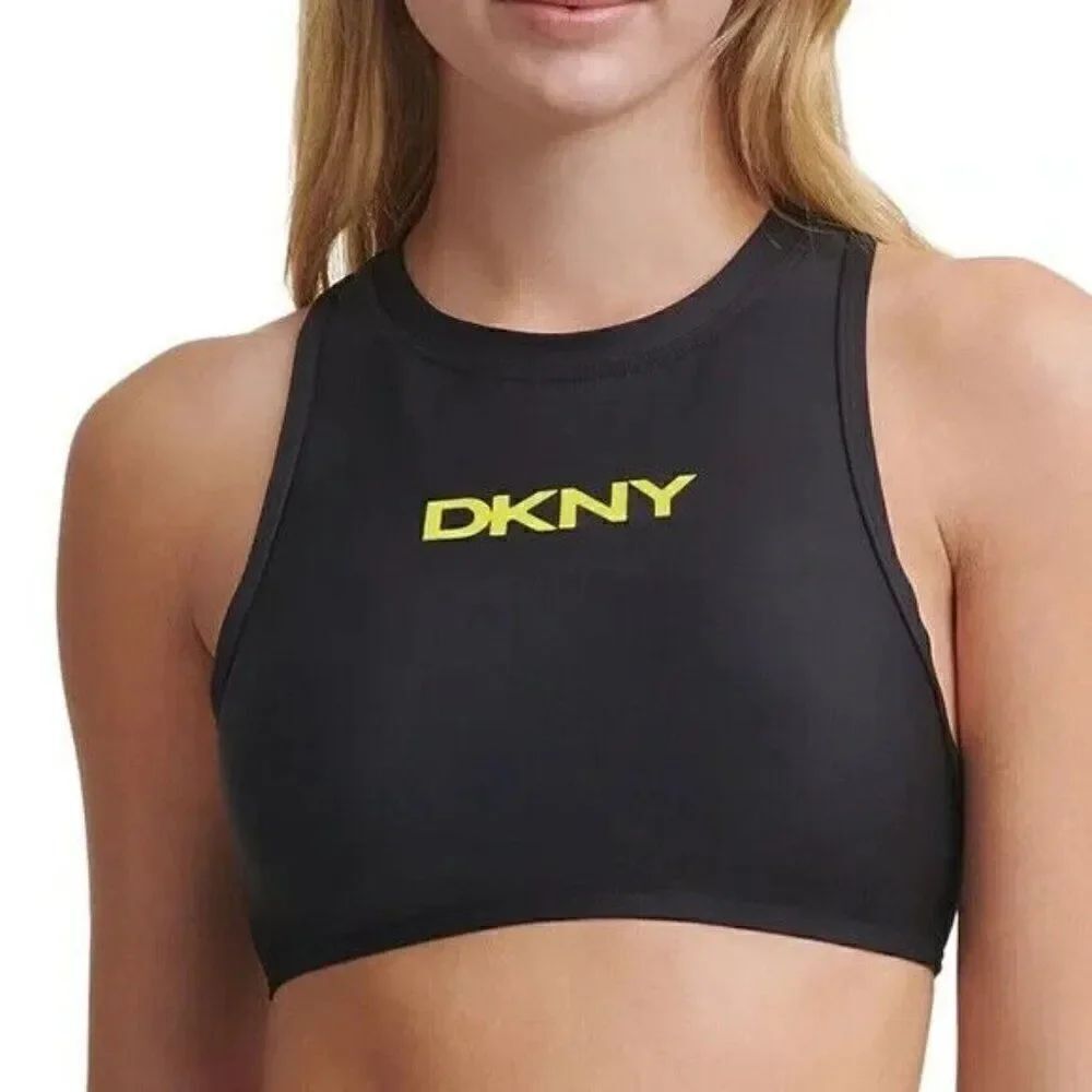 DKNY Racerback Zip Logo Bikini Swim Top Black Yellow Medium NWT